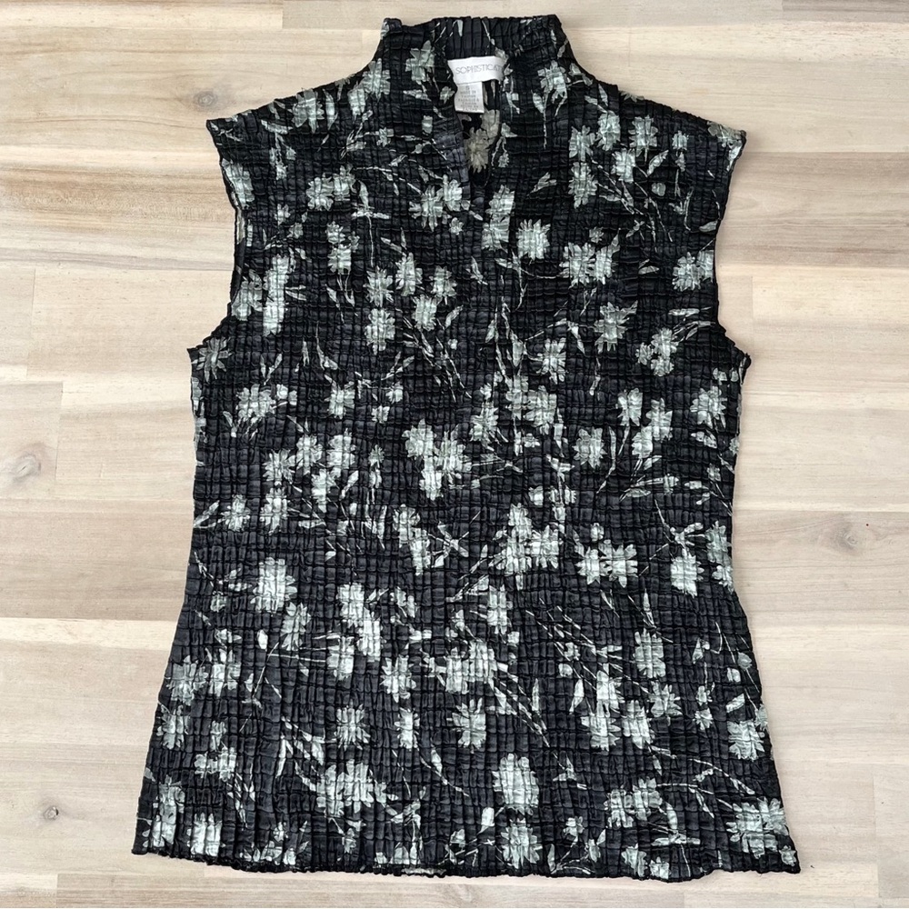 Petite Sophisticate Black and White Floral Blouse
